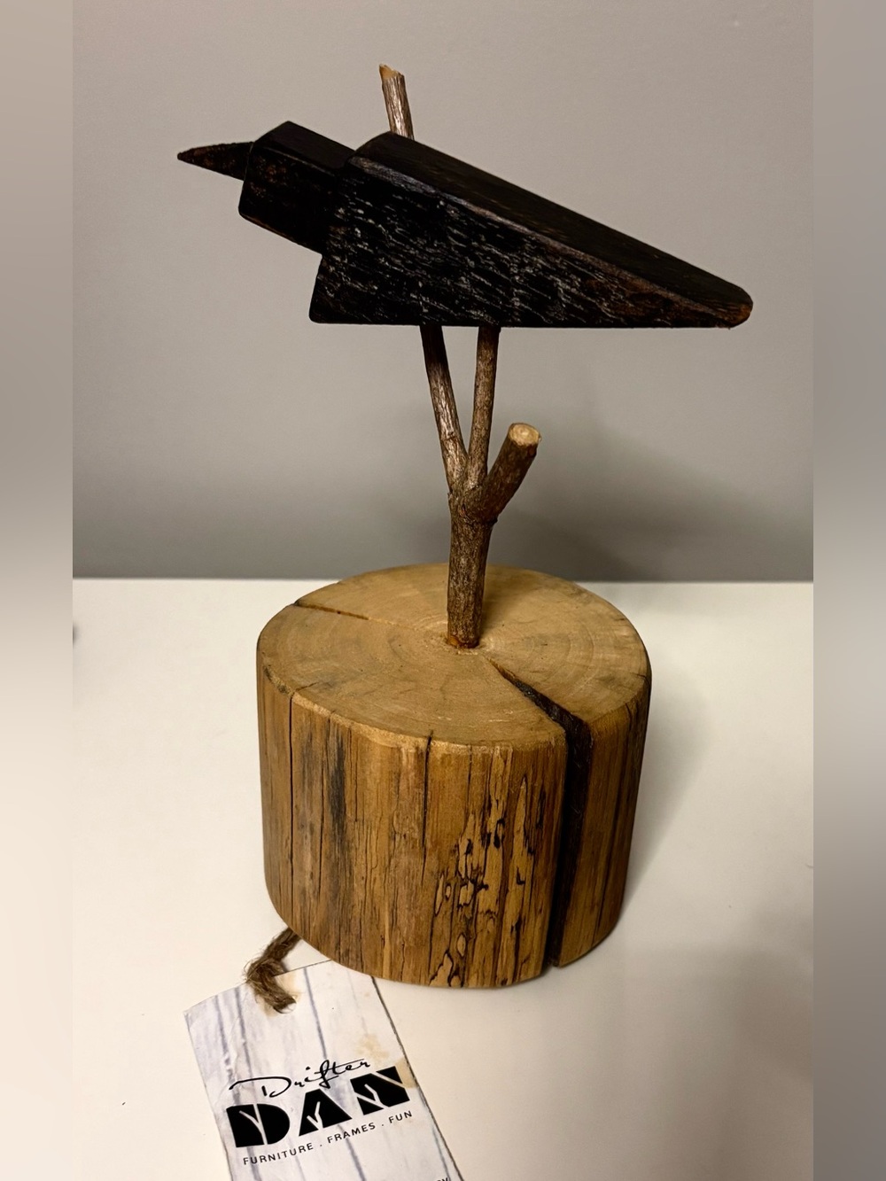 Drifter Dan Black Bird Sculpture on Natural Wood Base
